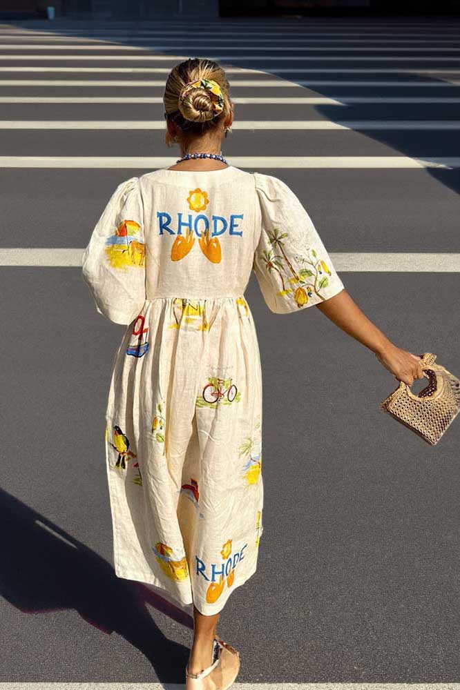 Noelia Premium Printed Linen Midi Dress Elevated Occasion Wear