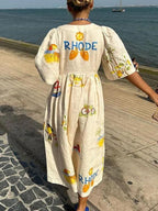 Tropical Graphic Print Puff Sleeve Button Front Empire Maxi Dress