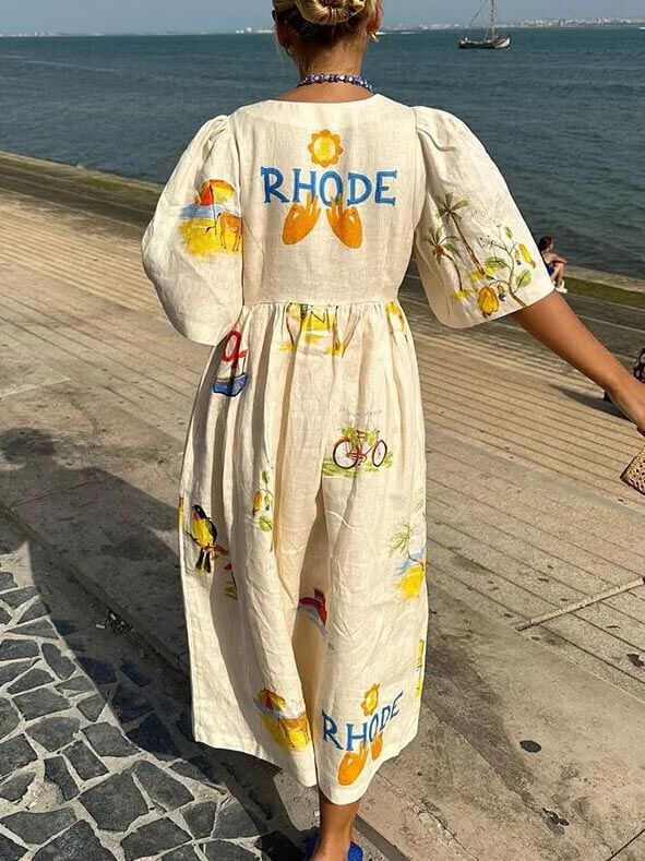 Tropical Graphic Print Puff Sleeve Button Front Empire Maxi Dress