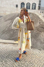 Yolaina Chic Printed Linen Midi Dress Silhouette Collection