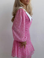 Ditsy Floral Print Oversized Collar Balloon Sleeve Button Front Ruffle Hem Mini Dress