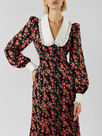 Floral Print Peter Pan Collar Ruffle Cuff Button Front High Split Midi Dress