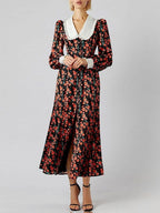 Floral Print Peter Pan Collar Ruffle Cuff Button Front High Split Midi Dress