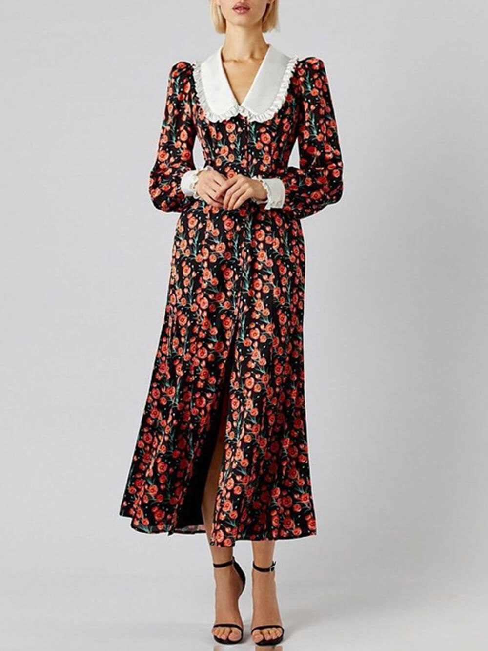 Floral Print Peter Pan Collar Ruffle Cuff Button Front High Split Midi Dress