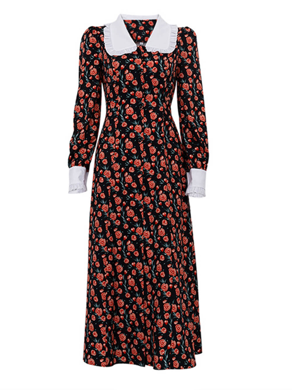 Floral Print Peter Pan Collar Ruffle Cuff Button Front High Split Midi Dress