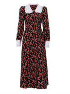 Floral Print Peter Pan Collar Ruffle Cuff Button Front High Split Midi Dress