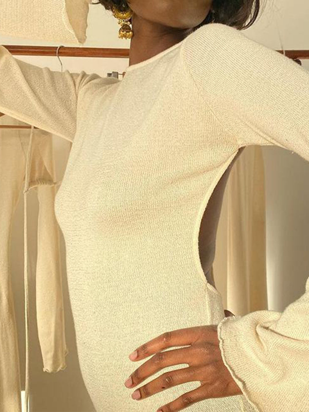 Ribbed Knit Halter Tie Back Bell Sleeve Backless Bodycon Maxi Dress