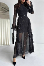 Black Ruffled Mermaid Maxi Dress