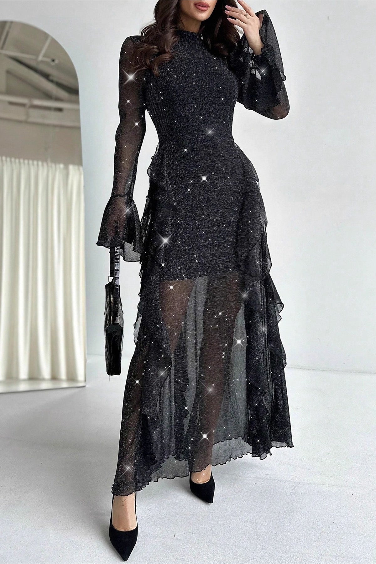 Black Ruffled Mermaid Maxi Dress