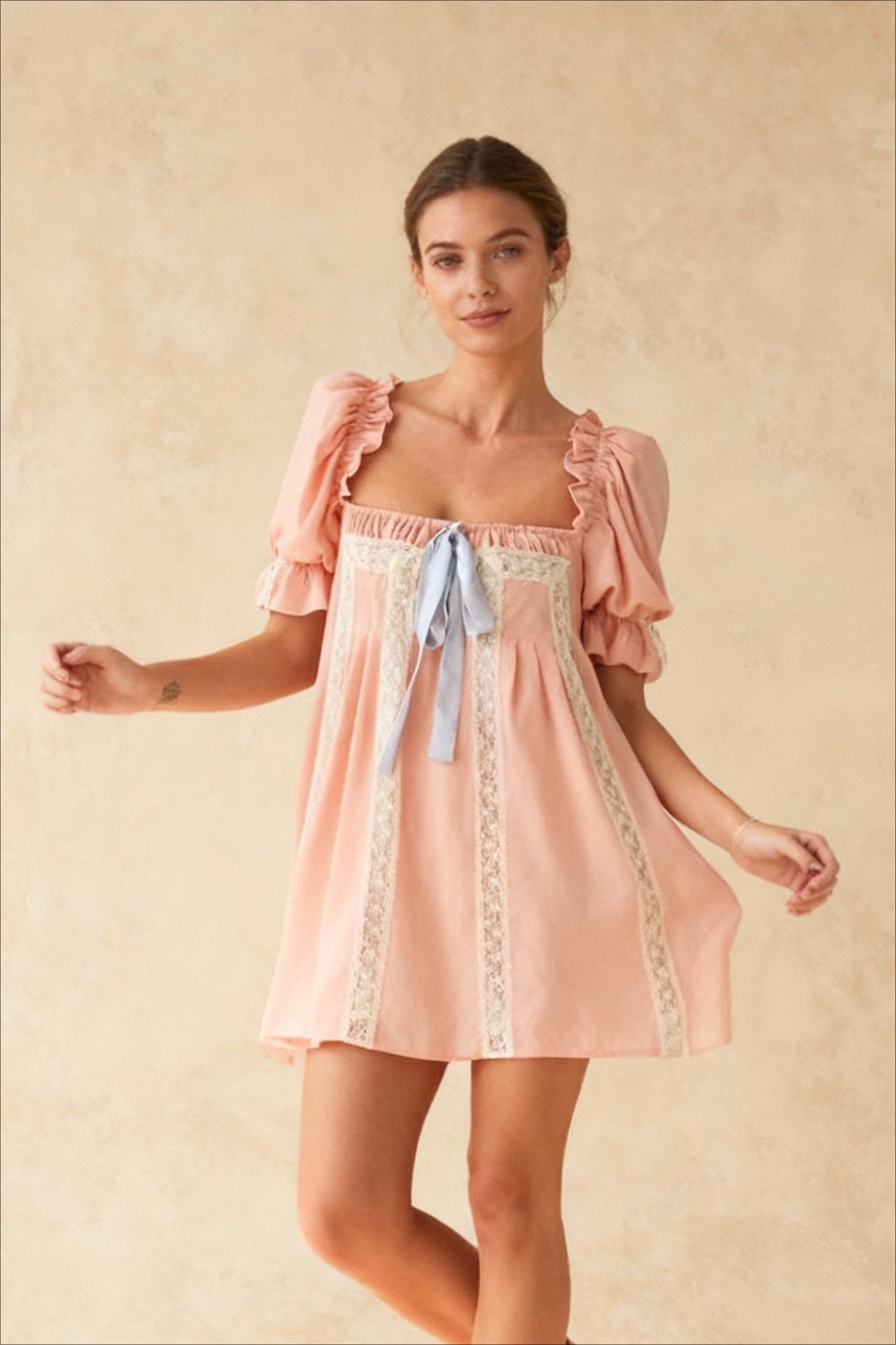 Square Neck Puff Sleeve Lace Panel Babydoll Mini Dress