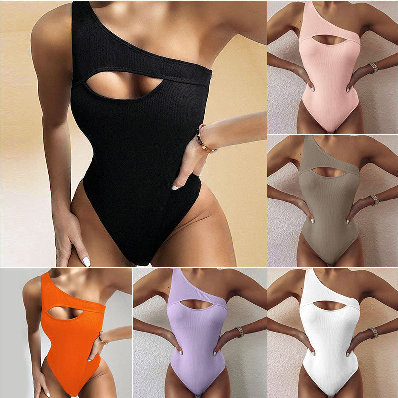| Solid Color One-Shoulder One-Piece Swimsuit