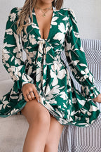Floral Print Tie Front Deep V-Neck Smocked Waist Tiered Ruffle Mini Dress