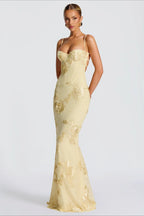 Strapless Bustier Floral Embroidered Mesh Mermaid Maxi Gown
