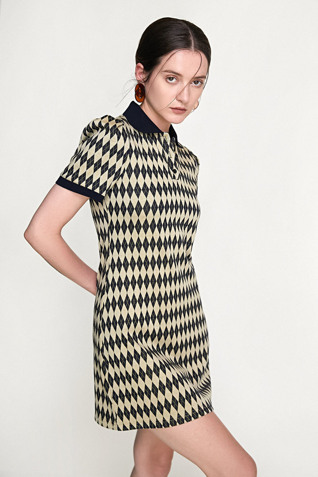Diamond Argyle Knit Polo Collar Button Front Puff Sleeve Mini Dress