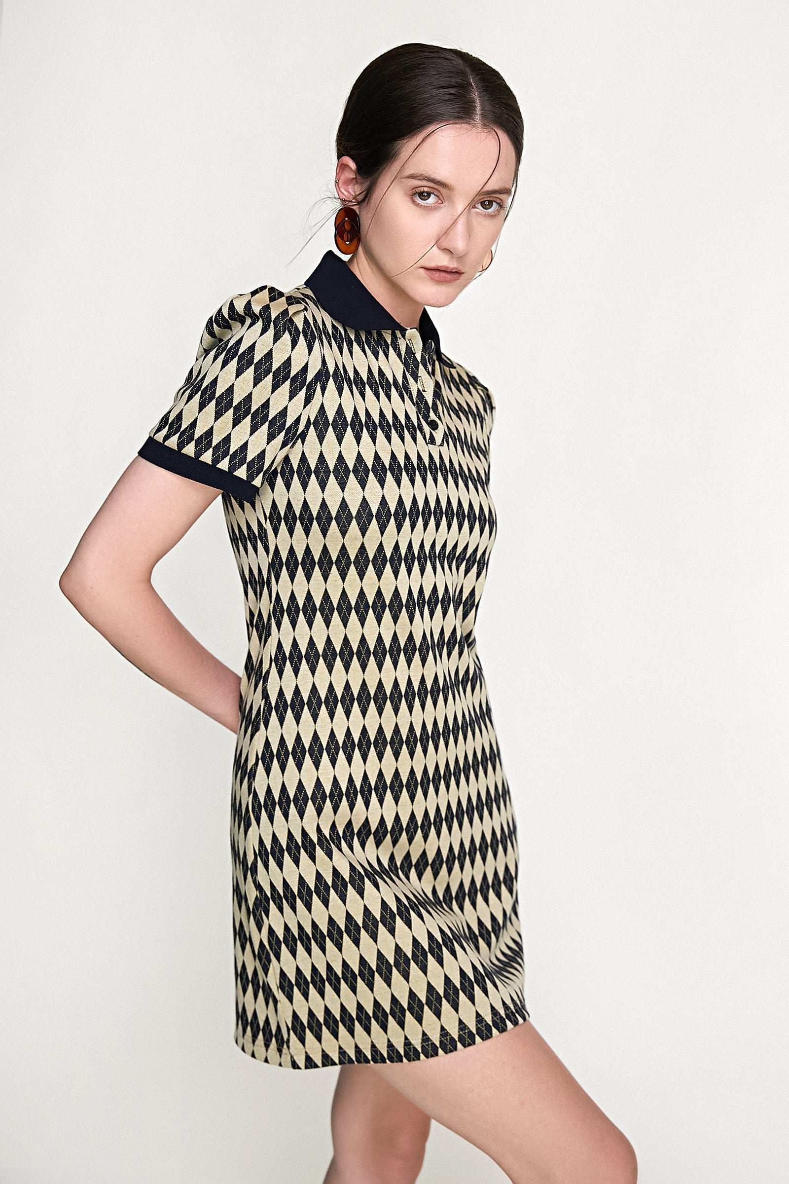 Diamond Argyle Knit Polo Collar Button Front Puff Sleeve Mini Dress