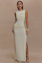 High Neck Ruched Crossover Drape Hip High Slit Jersey Maxi Dress