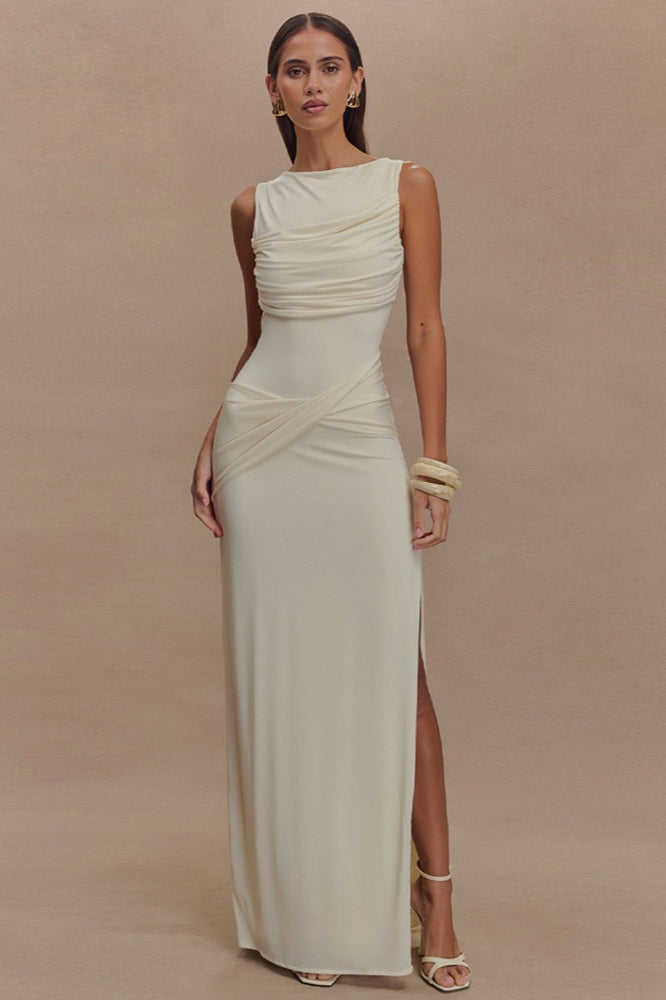 High Neck Ruched Crossover Drape Hip High Slit Jersey Maxi Dress