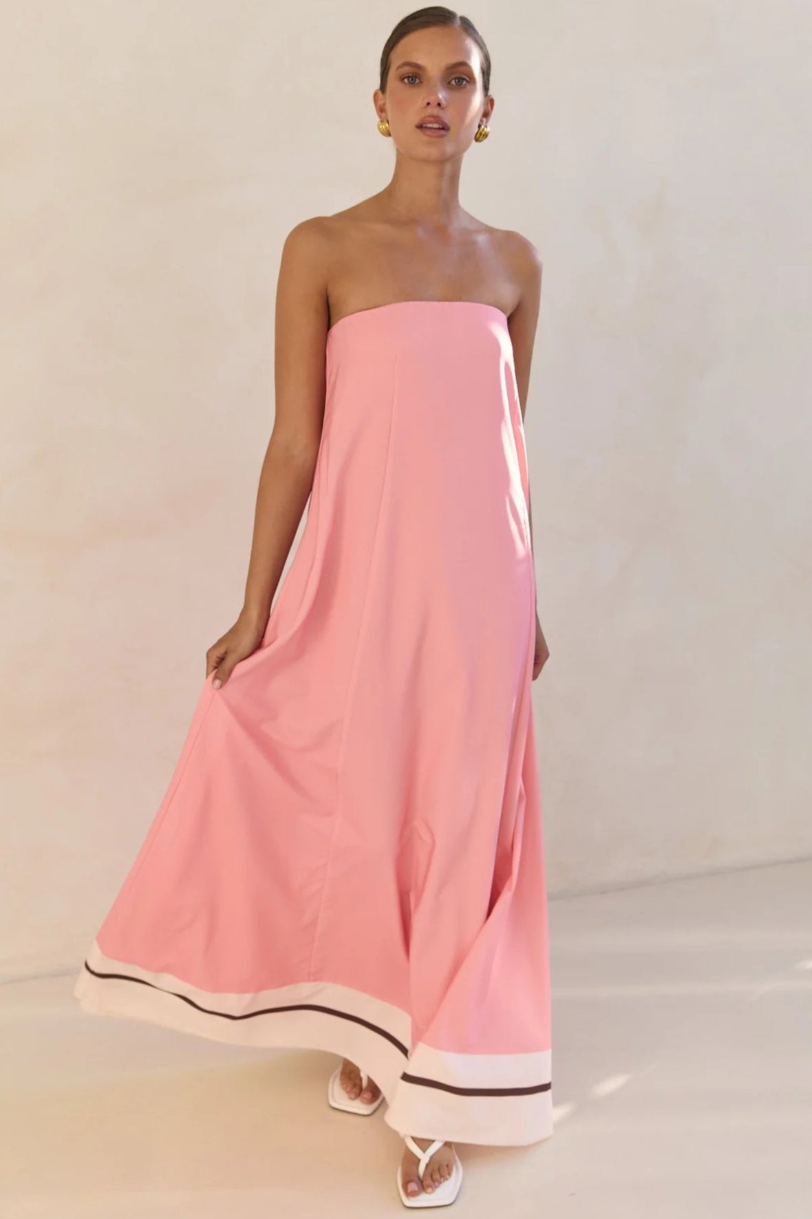 Strapless Contrast Band Hem A-Line Maxi Dress