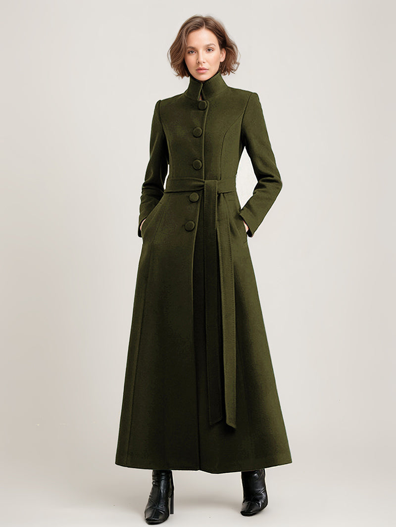 Wool Blend Long Coat Black Belted Stand Collar Winter Full Length Outerwear For Women 2026