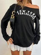 Retro Letter Print Oversized Long Sleeve Tee
