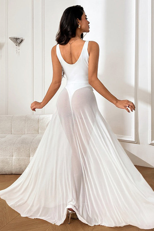 Mesh Overlay Deep V-Neck Spaghetti Strap A-Line Maxi Dress