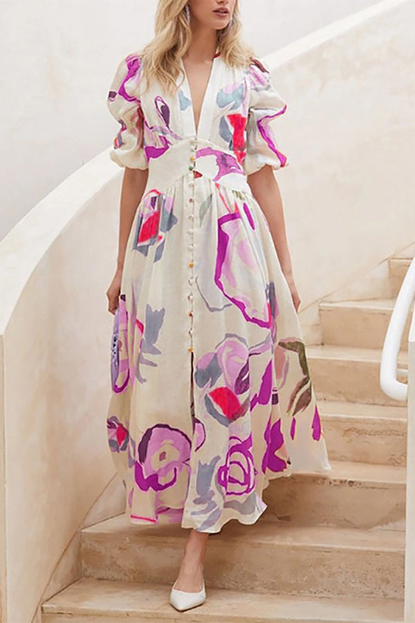 Abstract Watercolor Floral Puff Sleeve Button Maxi Dress