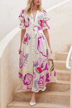 Abstract Watercolor Floral Puff Sleeve Button Maxi Dress