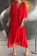 Deep V-Neck Flutter Sleeve Tie Waist Handkerchief Hem Midi Dress