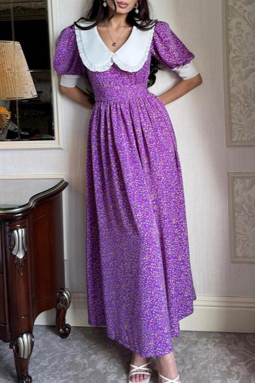 Purple Peter Pan Collar Short Sleeve Tie Waist Tiered Maxi Floral Print Dress