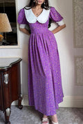 Purple Peter Pan Collar Short Sleeve Tie Waist Tiered Maxi Floral Print Dress