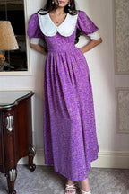 Purple Peter Pan Collar Short Sleeve Tie Waist Tiered Maxi Floral Print Dress
