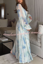 Headed To The Ocean Chiffon Floral Drawstring Waist Maxi Dresses