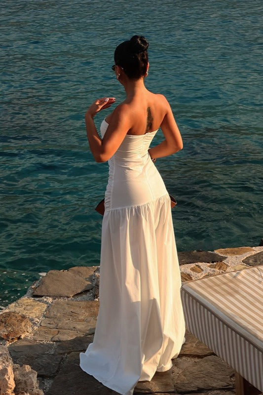 Strapless Sweetheart Neck Twist Cutout Ruched Drop Waist Maxi Dress