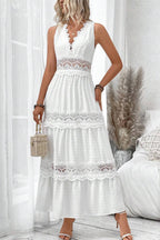 White Deep V Neck Swiss Dot Lace Panel Tiered Maxi Dress