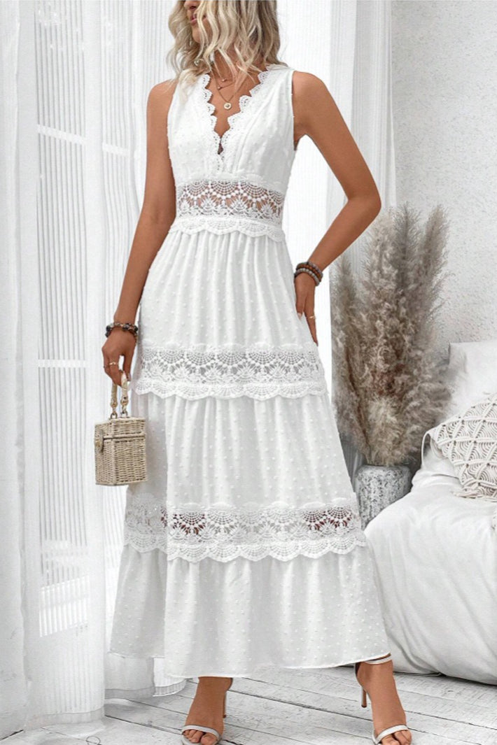 White Deep V Neck Swiss Dot Lace Panel Tiered Maxi Dress