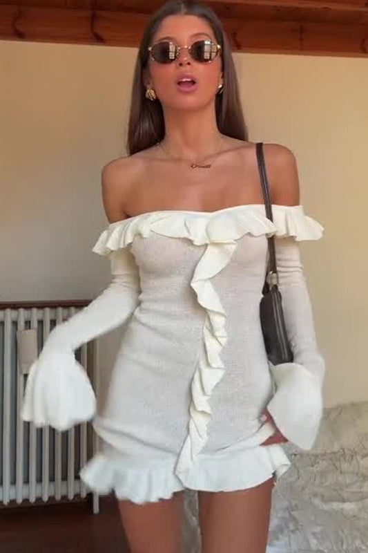 Off Shoulder Ribbed Knit Center Ruffle Bodycon Mini Sweater Dress