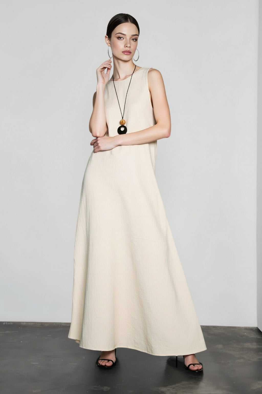 Linen Look Sleeveless Round Neck A-Line Tank Maxi Dress