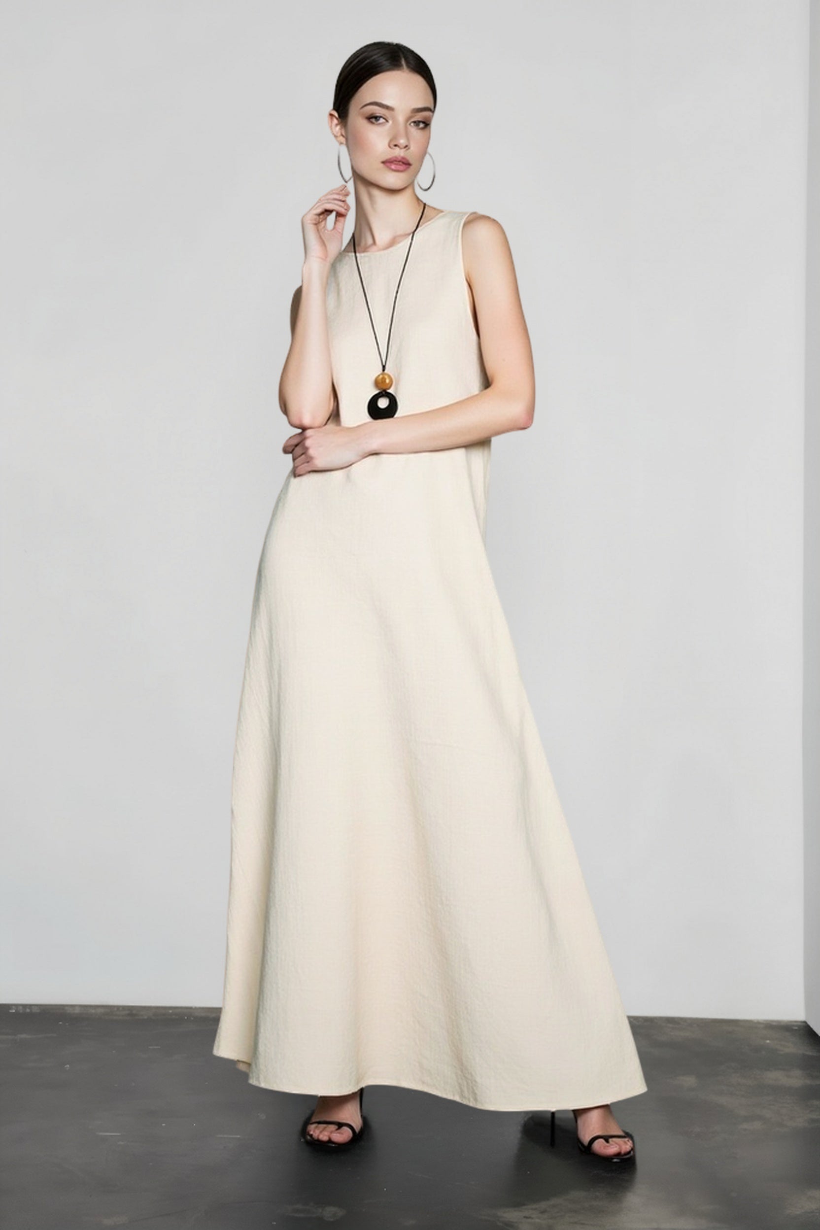 Linen Look Sleeveless Round Neck A-Line Tank Maxi Dress