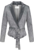 Casual Meetup Denim Stand Neck Long Sleeve Belted Loose Jacket