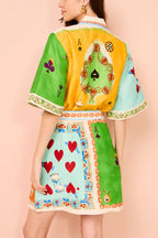 Linen Blend Unique Printed Short Sleeved Pocket Tie Waist Mini Dress(One Size UP)