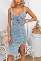 Zip Front Corset Bodice Denim Side Slit Midi Dress