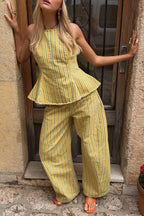 City Outfit Striped Peplum Hem Top and Elastic Waist Pocket Wide Leg Pants Set