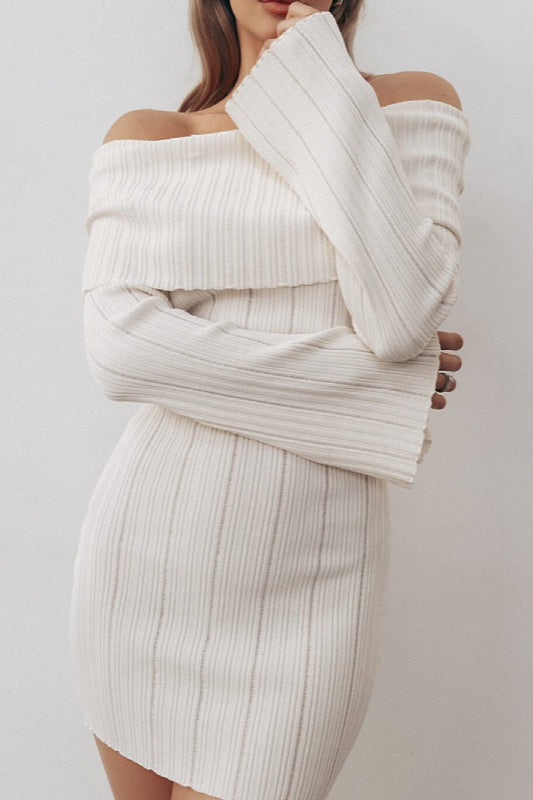 Off Shoulder Ribbed Knit Long Sleeve Flare Cuff Bodycon Mini Sweater Dress