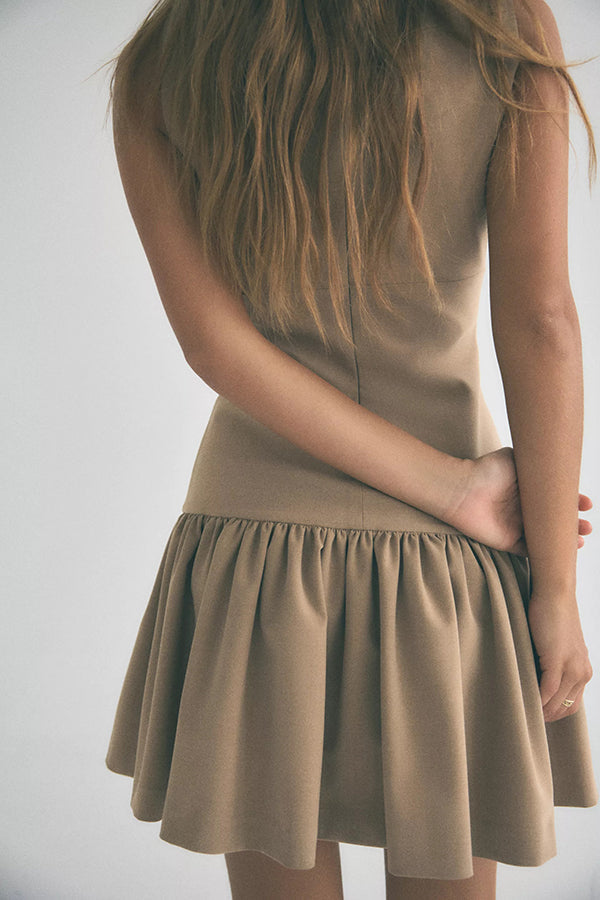 Velvet Bow Trim Drop Waist Gathered Pleated Mini Dress