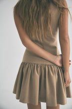 Velvet Bow Trim Drop Waist Gathered Pleated Mini Dress