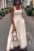 Viki Linen Blend Square Neck Wide Strap Side Button Pocket Tassel Trim Midi Dress