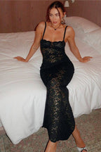 Scoop Neck Spaghetti Strap Floral Lace Bodycon Maxi Dress