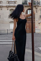 Satin Spaghetti Strap Scoop Neck Backless Slip Maxi Dress