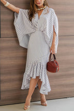 Tierra Striped V-neck Batwing Sleeve Loose Shirt and High Waist Irregular Fishtail Hem Midi Skirt Set