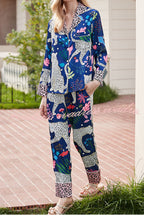 Blue Snow Leopard Printed Home Long Sleeve Two Piece Set